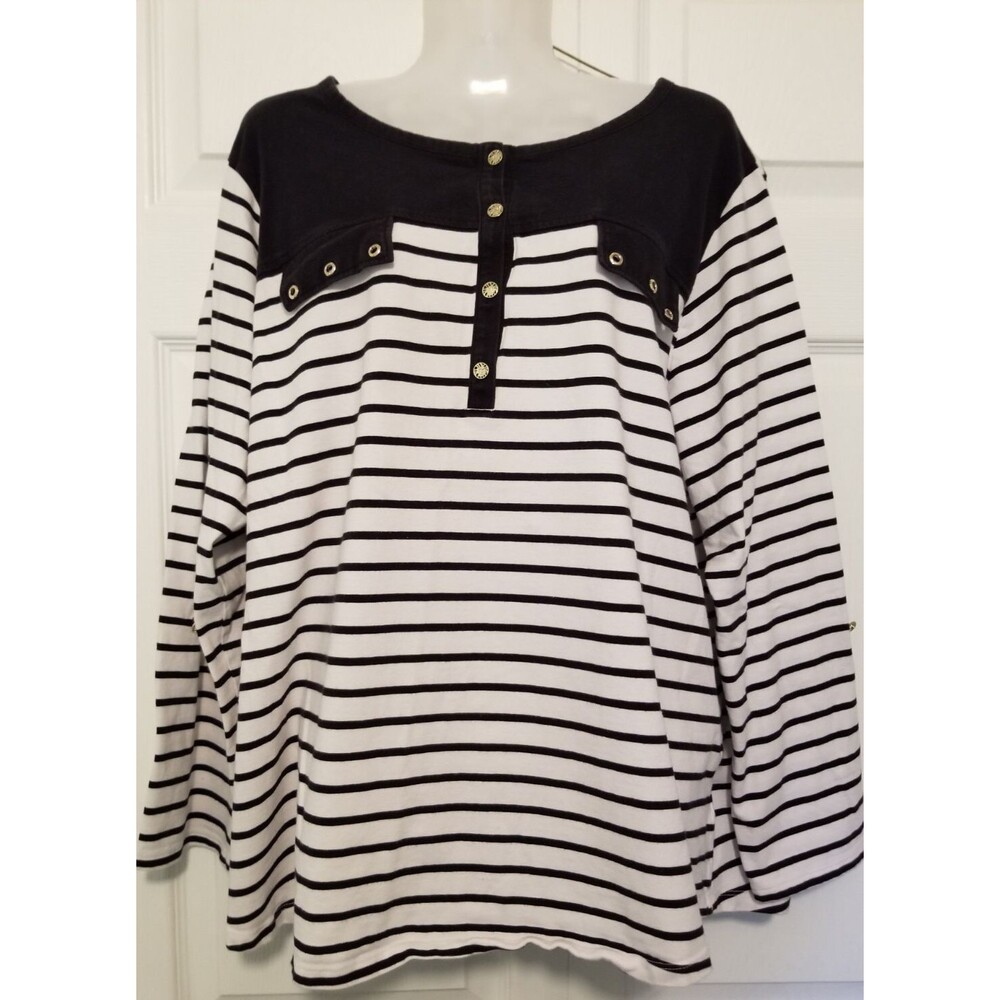 Anne Klein Sport Women's Top Nautical Stripe Black & White Round Neck Size 2X